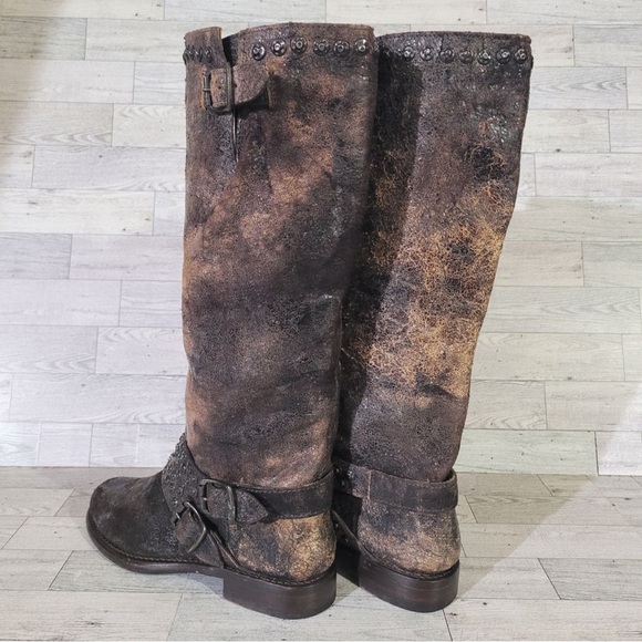 Women's Frye Jenna Western Brown Leather Moto Tall Riding Engineer Boots Sz 6.5 - Picture 4 of 9